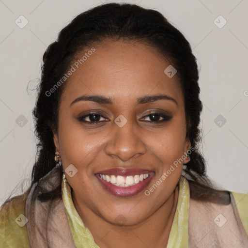 Joyful black young-adult female with long  brown hair and brown eyes