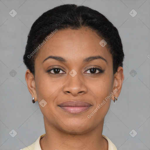 Joyful latino young-adult female with short  brown hair and brown eyes