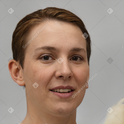 Joyful white young-adult female with short  brown hair and brown eyes