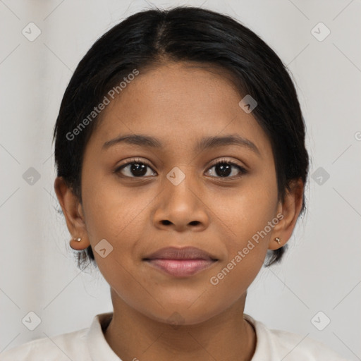 Joyful latino young-adult female with medium  brown hair and brown eyes