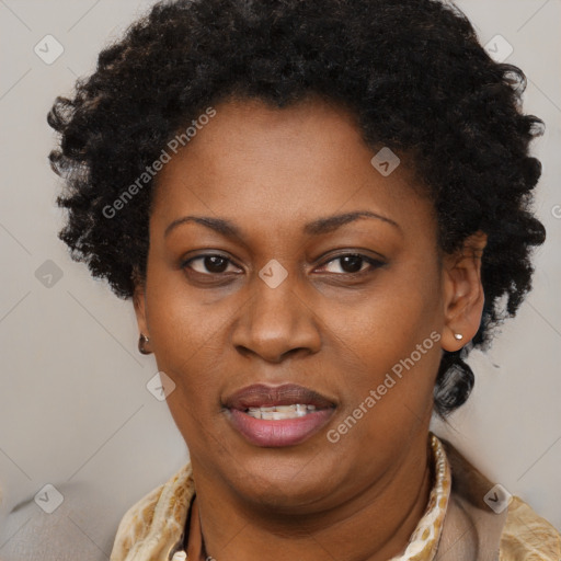 Joyful black adult female with short  brown hair and brown eyes