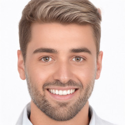 Joyful white young-adult male with short  brown hair and brown eyes