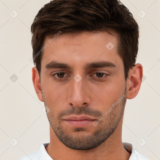 Neutral white young-adult male with short  brown hair and brown eyes