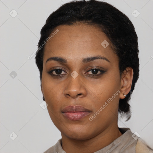 Neutral black young-adult female with short  black hair and brown eyes