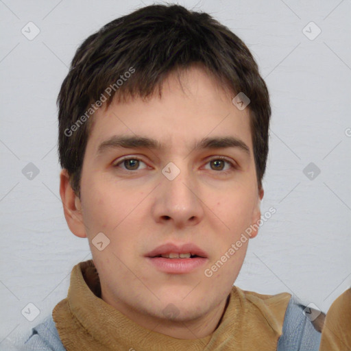 Neutral white young-adult male with short  brown hair and brown eyes