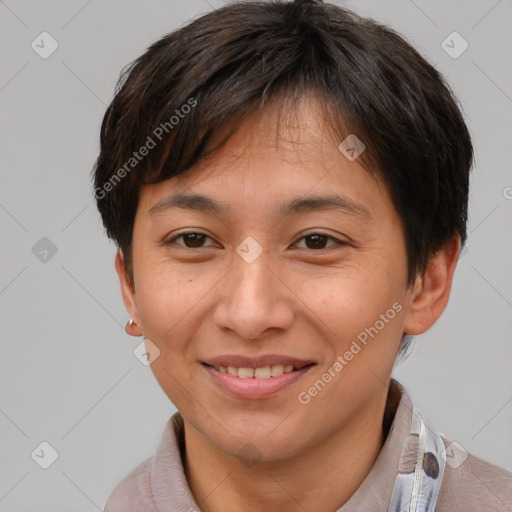 Joyful white young-adult female with short  brown hair and brown eyes