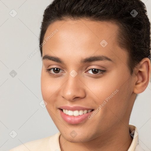 Joyful white young-adult female with short  brown hair and brown eyes