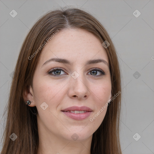 Joyful white young-adult female with long  brown hair and grey eyes