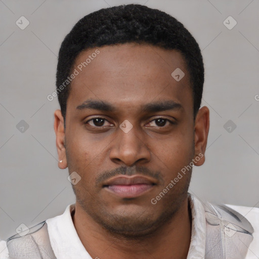 Neutral latino young-adult male with short  black hair and brown eyes