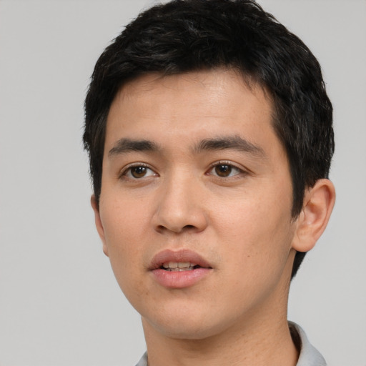 Neutral white young-adult male with short  black hair and brown eyes