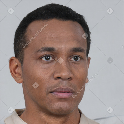 Neutral black young-adult male with short  black hair and brown eyes