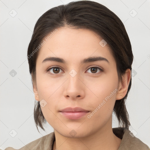 Neutral asian young-adult female with medium  brown hair and brown eyes