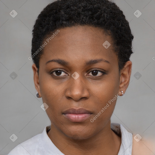 Neutral black young-adult female with short  black hair and brown eyes