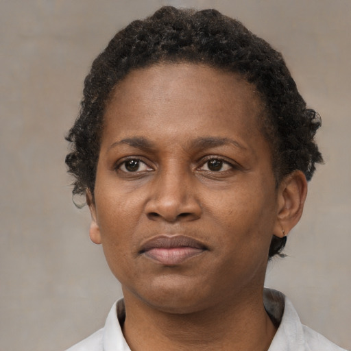 Neutral black adult female with short  brown hair and brown eyes
