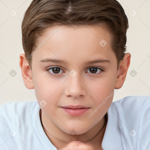 Joyful white child female with short  brown hair and brown eyes