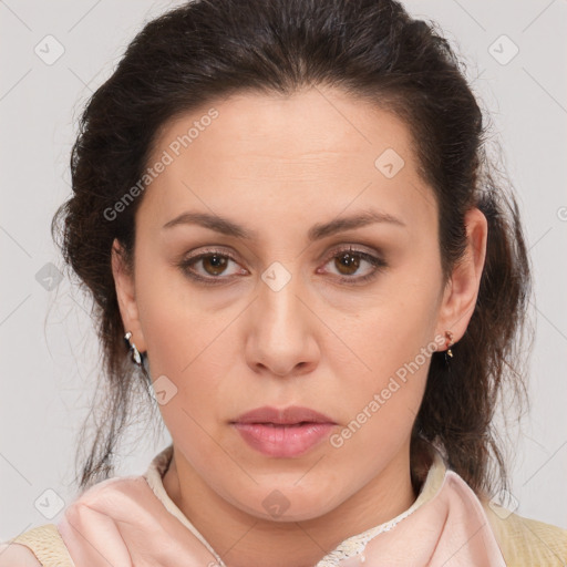 Neutral white young-adult female with medium  brown hair and brown eyes