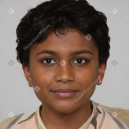 Joyful latino young-adult female with short  brown hair and brown eyes