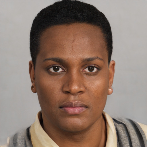 Neutral black young-adult female with short  black hair and brown eyes