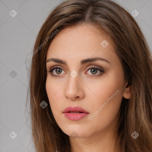 Neutral white young-adult female with long  brown hair and brown eyes