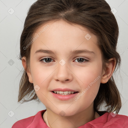 Joyful white child female with medium  brown hair and brown eyes