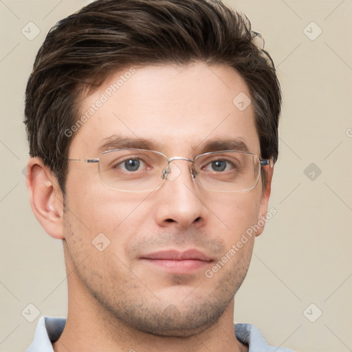 Neutral white young-adult male with short  brown hair and grey eyes