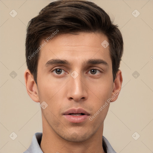 Neutral white young-adult male with short  brown hair and brown eyes