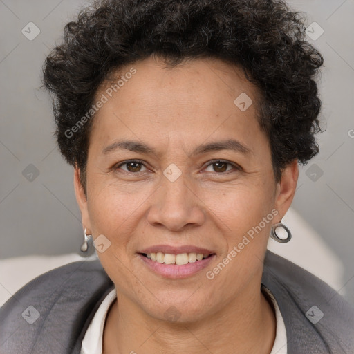 Joyful white adult female with short  brown hair and brown eyes