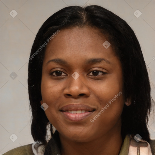 Joyful black young-adult female with medium  black hair and brown eyes