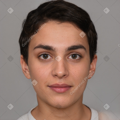 Joyful white young-adult female with short  brown hair and brown eyes