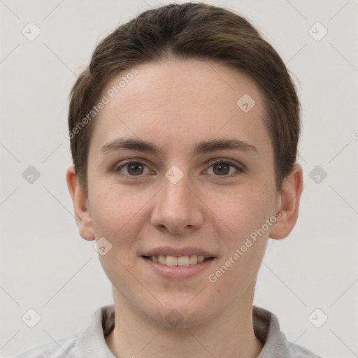 Joyful white young-adult female with short  brown hair and grey eyes