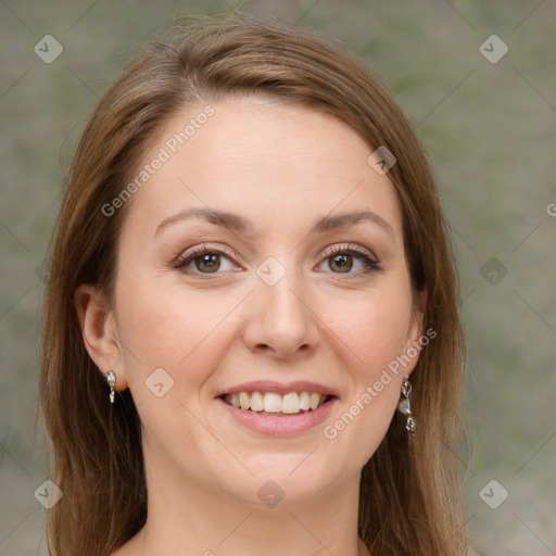 Joyful white young-adult female with medium  brown hair and green eyes