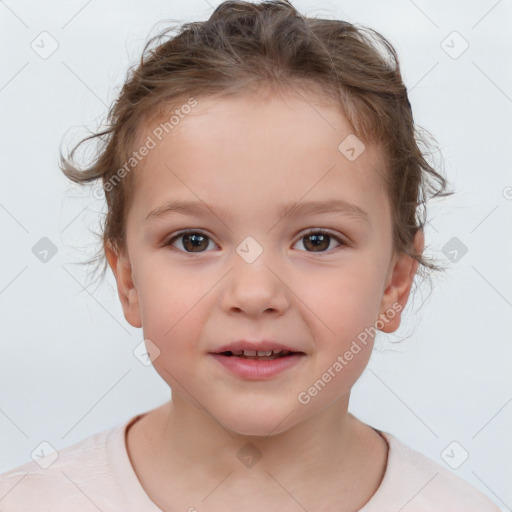 Joyful white child female with short  brown hair and brown eyes