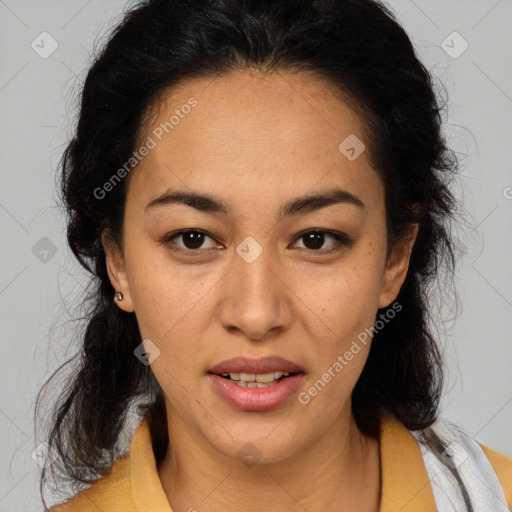 Joyful latino young-adult female with medium  brown hair and brown eyes