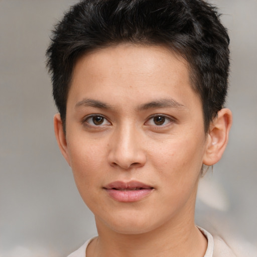 Neutral white young-adult female with short  brown hair and brown eyes