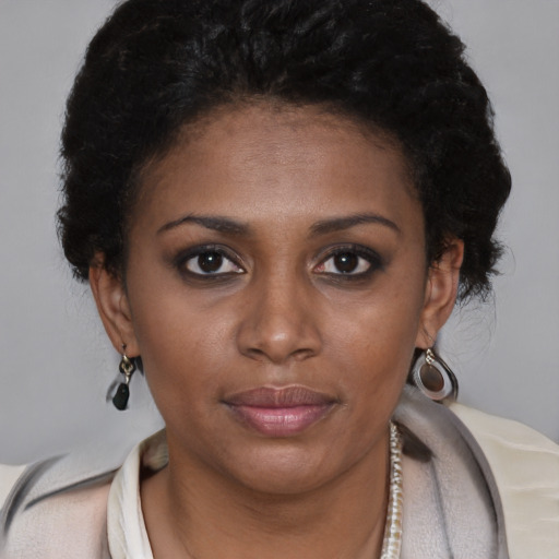 Joyful black young-adult female with short  brown hair and brown eyes