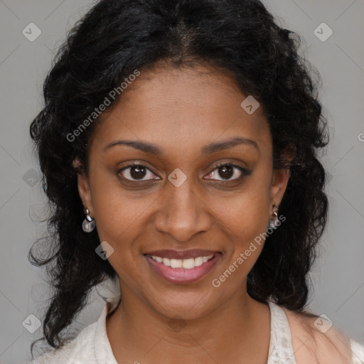 Joyful black young-adult female with medium  brown hair and brown eyes