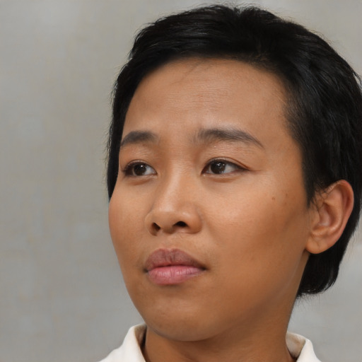 Neutral asian young-adult female with medium  brown hair and brown eyes