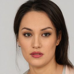 Neutral asian young-adult female with medium  brown hair and brown eyes