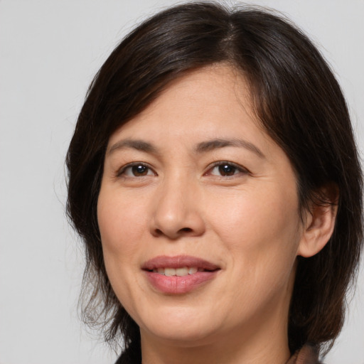Joyful white adult female with medium  brown hair and brown eyes