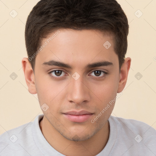 Neutral white young-adult male with short  brown hair and brown eyes