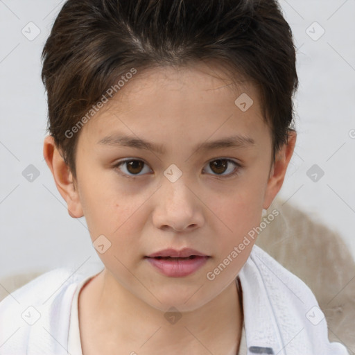 Joyful white child female with short  brown hair and brown eyes