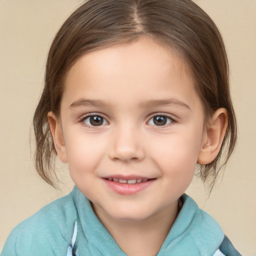 Joyful white child female with medium  brown hair and brown eyes