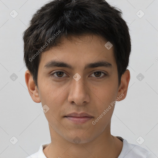 Neutral asian young-adult male with short  brown hair and brown eyes