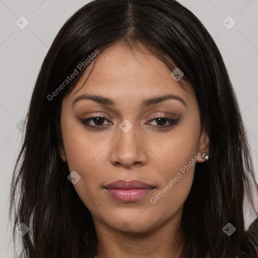 Joyful asian young-adult female with long  brown hair and brown eyes