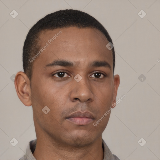 Neutral latino young-adult male with short  brown hair and brown eyes