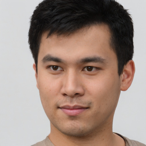 Neutral asian young-adult male with short  brown hair and brown eyes