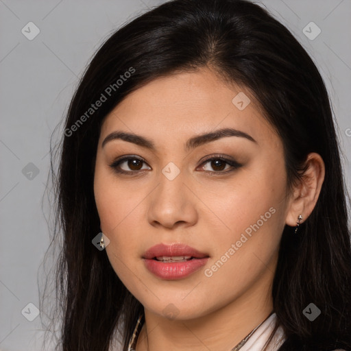 Joyful latino young-adult female with long  brown hair and brown eyes