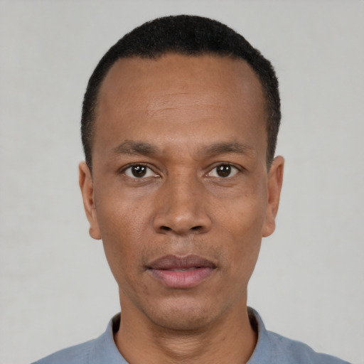 Neutral black adult male with short  black hair and brown eyes