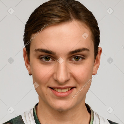 Joyful white young-adult female with short  brown hair and grey eyes