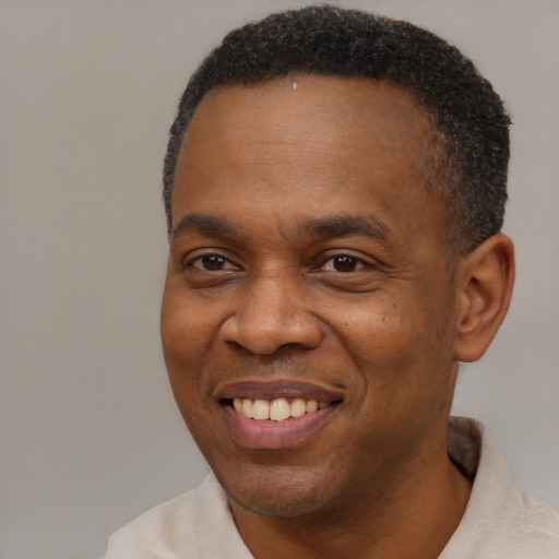 Joyful black adult male with short  brown hair and brown eyes